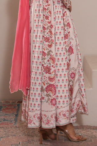 Offwhite Crepe Silk Hand Embroidered Printed Offwhite Anarkali Kurta With Offwhite Crepe Silk Printed Narrow Pants