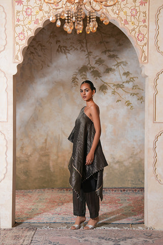 Sophisticated One-Shoulder Midnight Noir Cape Set with Metallic Texture
