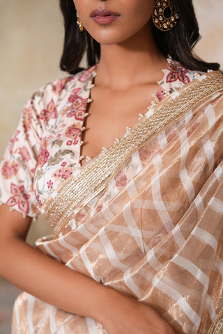Champagne Sand Handcrafted Saree with Subtle Checks and Floral Border