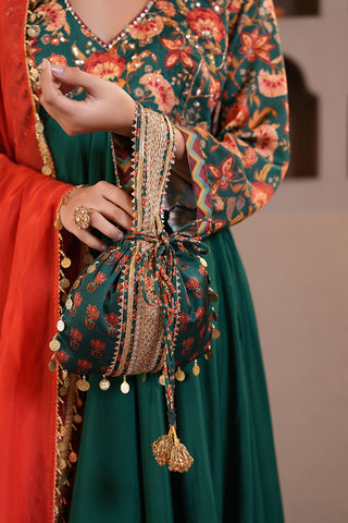 Emerald Green Crepe Silk Hand Embroidered Printed Yoke Of Muslin Silk Kurta With Emerald Green Muslin Silk Farsi Pants