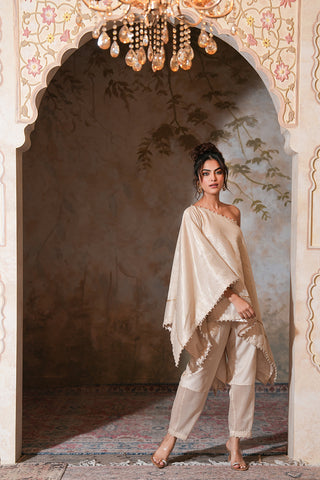 Elegant One-Shoulder Ivory Cape Set with Textured Detailing