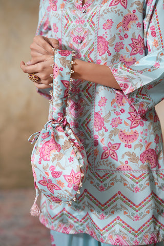 Celestial Blue Floral Printed Kurta Set with Tailored Pants