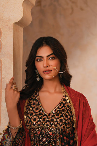 Black Crepe Silk Hand Embroidered Printed Kurta With Black Crepe Silk Printed Palazzo Pants With Gota Work And Rust Sequin Work Organza Dupatta