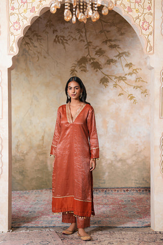 Rust Gold Striped Chanderi Tissue Silk Kurta With Rust Chanderi Narrow Pants With Gota Work And Striped Tissue