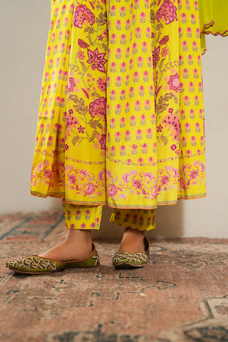 Lime Crepe Silk Hand Embroidered Printed Anarkali Kurta With Lime Crepe Silk Printed Narrow Pants