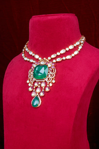 Royal Emerald Green Kundan Polki Bridal Necklace Set with Statement Earrings