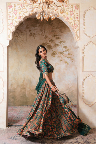Emerald Green Crepe Silk Hand Embroidered Printed Blouse With Emerald Green Crepe Silk Printed Lehenga With Gota Work And Hand Embroidered Scallop Green Organza Dupatta