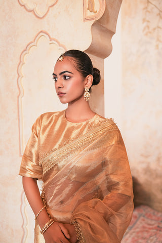 Antique Champagne Gold Saree with Handcrafted Embellished Border