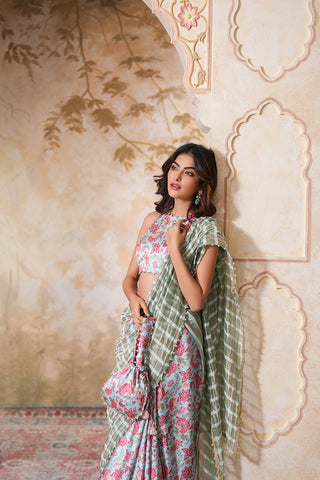 Blush Floral Printed Saree with Contemporary Sleeveless Blouse