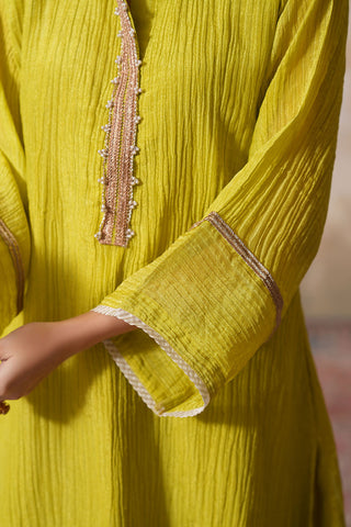 Citrus Chartreuse Textured Kurta Set with Subtle Embellishment