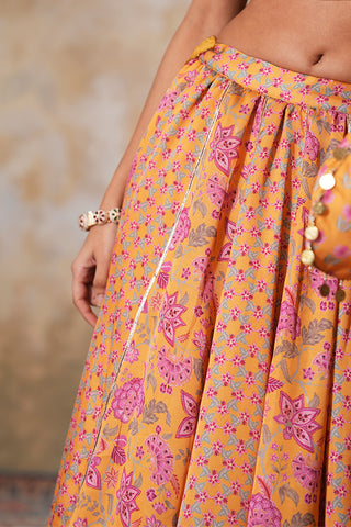 Gold Yellow Crepe Silk Hand Embroidered Printed Blouse With Gold Yellow Crepe Silk Printed Lehenga With Gota Work And Hand Embroidered Scallop Yellow Organza Dupatta  - Set of 3