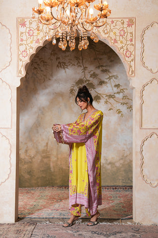 Lime Crepe Silk Hand Embroidered Printed Kaftan With Lime Crepe Silk Printed Narrow Pants - Set of 2