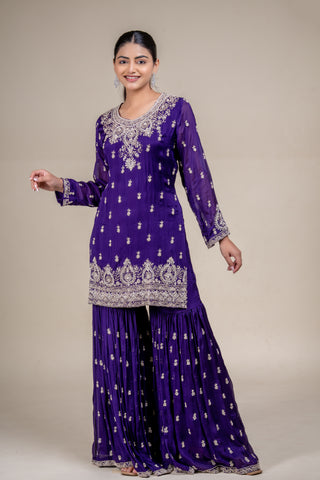 Royal Amethyst Violet Embroidered Kurta Sharara Set with Dupatta