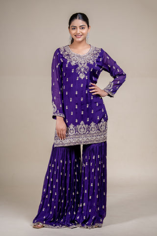 Royal Amethyst Violet Embroidered Kurta Sharara Set with Dupatta