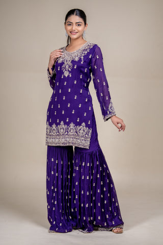 Royal Amethyst Violet Embroidered Kurta Sharara Set with Dupatta
