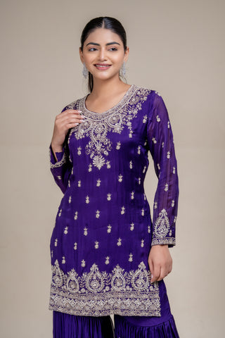 Royal Amethyst Violet Embroidered Kurta Sharara Set with Dupatta