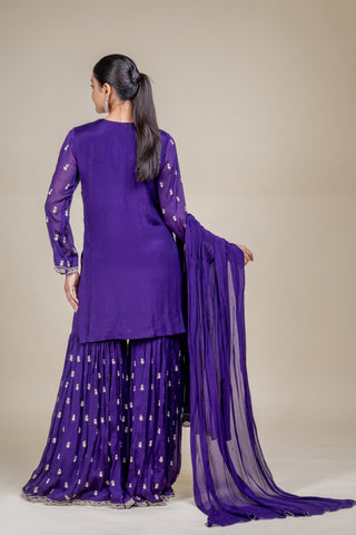 Royal Amethyst Violet Embroidered Kurta Sharara Set with Dupatta