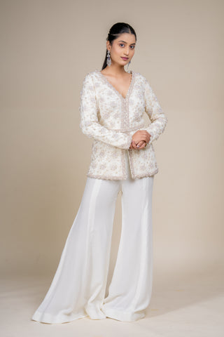 Luxury Ivory Embroidered Peplum Jacket with Flowing Palazzo Pants Set