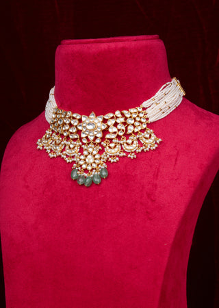 Royal Polki Kundan Pearl Bridal Choker Set with Green Stone Drops