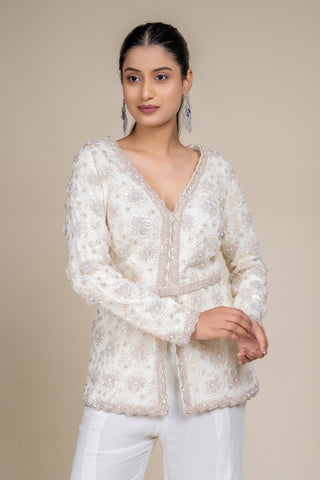 Luxury Ivory Embroidered Peplum Jacket with Flowing Palazzo Pants Set