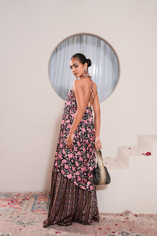 Black Crepe Silk Hand Embroidered Printed Backless Kurta With Black Crepe Silk Printed Gharara