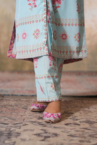 Mint Blossom Printed Kurta Set with Soft Pastel Elegance