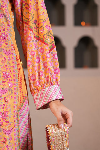 Gold Yellow Crepe Silk Hand Embroidered Printed Kurta With Gold Yellow Crepe Silk Printed Narrow Pants