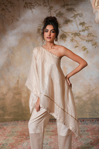 Elegant One-Shoulder Ivory Cape Set with Textured Detailing