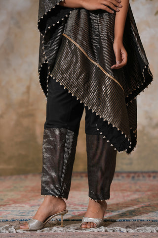 Sophisticated One-Shoulder Midnight Noir Cape Set with Metallic Texture