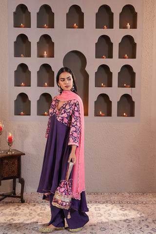 Violet Crepe Silk Hand Embroidered Printed Yoke Of Muslin Silk Kurta With Violet Muslin Silk Farsi Pants