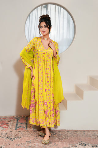 Lime Crepe Silk Hand Embroidered Printed Anarkali Kurta With Lime Crepe Silk Printed Narrow Pants