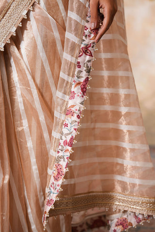 Champagne Sand Handcrafted Saree with Subtle Checks and Floral Border