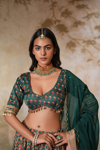Emerald Green Crepe Silk Hand Embroidered Printed Blouse With Emerald Green Crepe Silk Printed Lehenga With Gota Work And Hand Embroidered Scallop Green Organza Dupatta