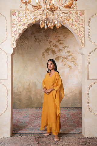 Mustard Crushed Tissue Silk Scallop Embroidered Kaftan With Pink Chanderi Narrow Pants With Scallop Embroidery On Crushed Tissue and Pink Mul Cotton Slip - Set of 3