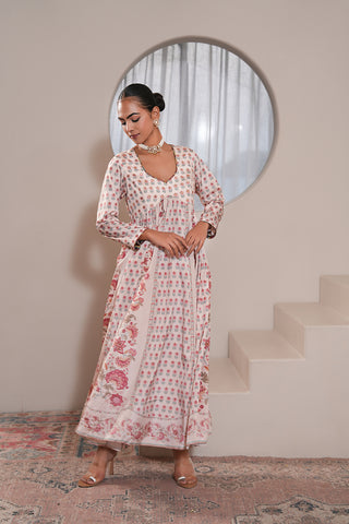 Offwhite Crepe Silk Hand Embroidered Printed Offwhite Anarkali Kurta With Offwhite Crepe Silk Printed Narrow Pants