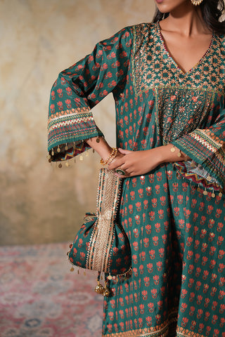 Emerald Green Crepe Silk Hand Embroidered Printed Kurta With Emerald Green Crepe Silk Printed Palazzo Pants With Gota Work And Green Sequin Work Organza Dupatta