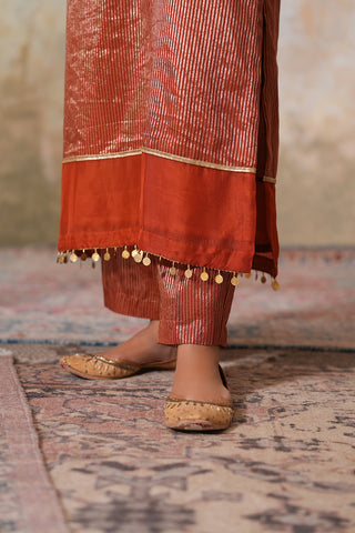 Rust Gold Striped Chanderi Tissue Silk Kurta With Rust Chanderi Narrow Pants With Gota Work And Striped Tissue