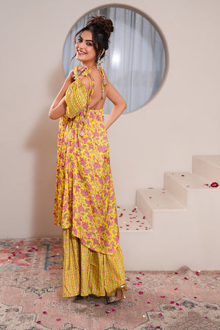 Lime Crepe Silk Hand Embroidered Printed Backless Kurta With Lime Crepe Silk Printed Gharara