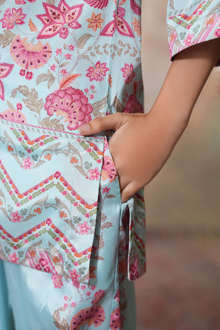 Celestial Blue Floral Printed Kurta Set with Tailored Pants