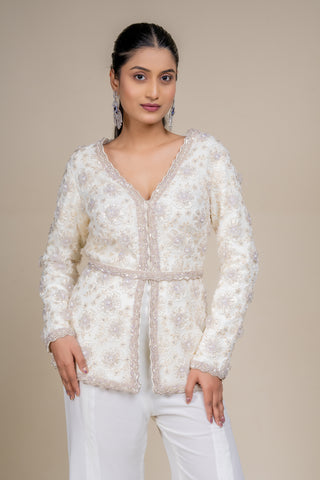 Luxury Ivory Embroidered Peplum Jacket with Flowing Palazzo Pants Set