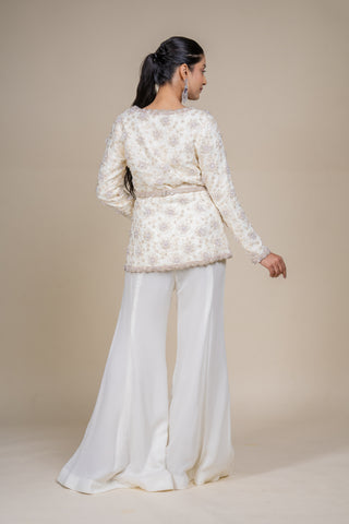 Luxury Ivory Embroidered Peplum Jacket with Flowing Palazzo Pants Set