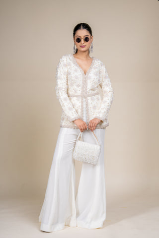 Luxury Ivory Embroidered Peplum Jacket with Flowing Palazzo Pants Set