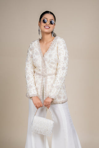 Luxury Ivory Embroidered Peplum Jacket with Flowing Palazzo Pants Set