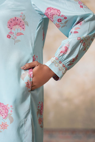 Mint Blossom Printed Kurta Set with Soft Pastel Elegance
