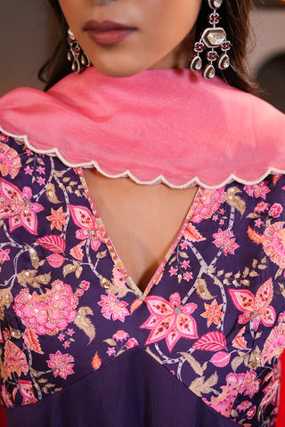 Violet Crepe Silk Hand Embroidered Printed Yoke Of Muslin Silk Kurta With Violet Muslin Silk Farsi Pants