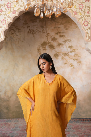 Mustard Crushed Tissue Silk Scallop Embroidered Kaftan With Pink Chanderi Narrow Pants With Scallop Embroidery On Crushed Tissue and Pink Mul Cotton Slip - Set of 3