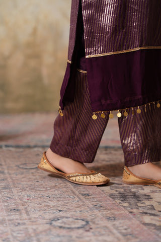 Jamun Gold Striped Chanderi Tissue Silk Kurta With Jamun Chanderi Narrow Pants With Gota Work And Striped Tissue And Green Sequin work Organza Dupatta