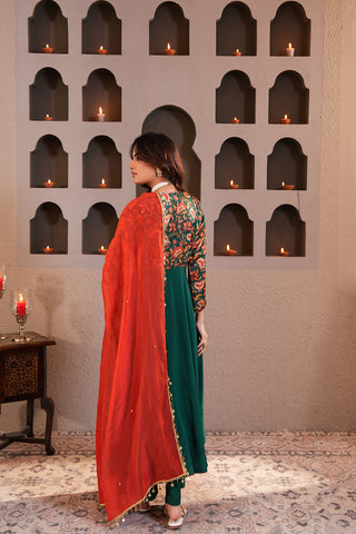 Emerald Green Crepe Silk Hand Embroidered Printed Yoke Of Muslin Silk Kurta With Emerald Green Muslin Silk Farsi Pants