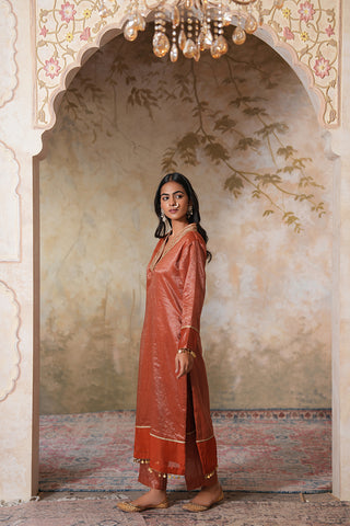 Rust Gold Striped Chanderi Tissue Silk Kurta With Rust Chanderi Narrow Pants With Gota Work And Striped Tissue