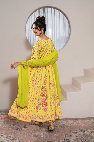 Lime Crepe Silk Hand Embroidered Printed Anarkali Kurta With Lime Crepe Silk Printed Narrow Pants